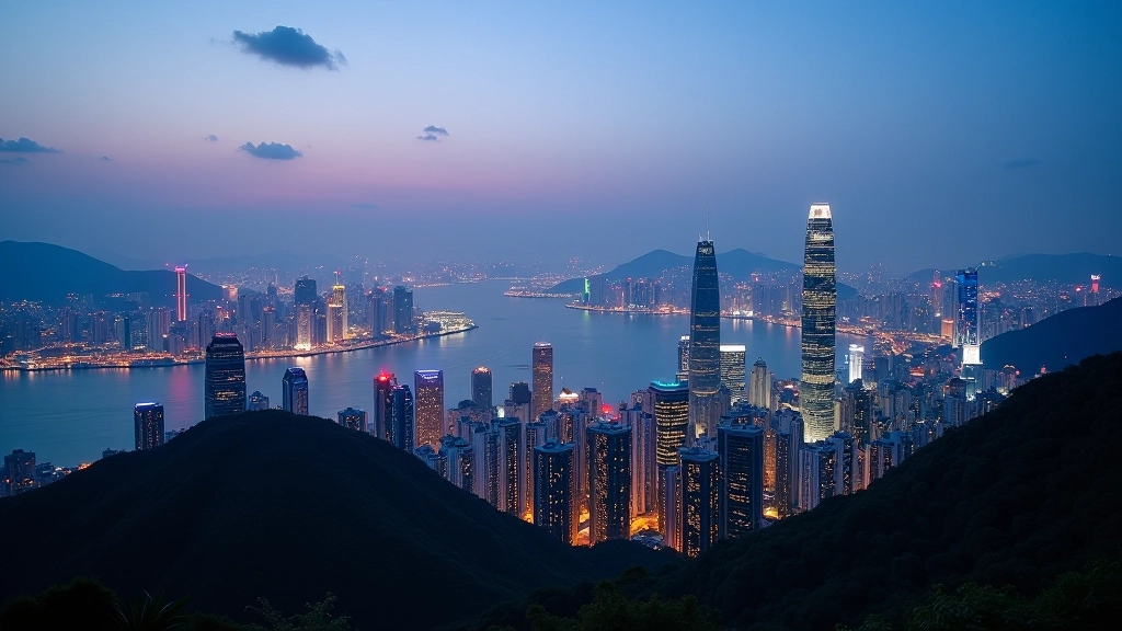 Hong Kong cityscape at night showing expensive housing buildings and urban development