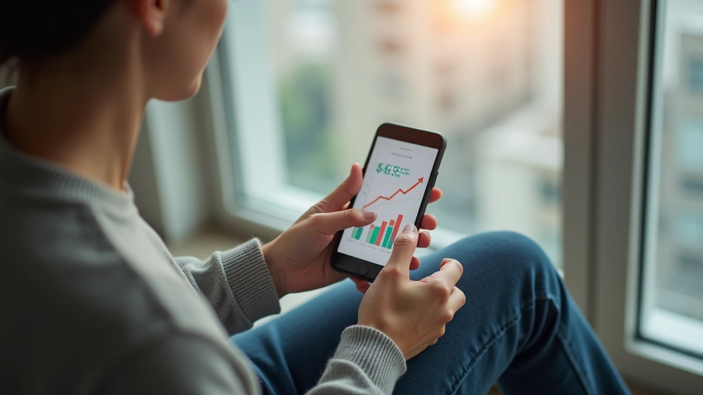 Person reviewing savings progress on mobile banking app with growth chart visible on screen